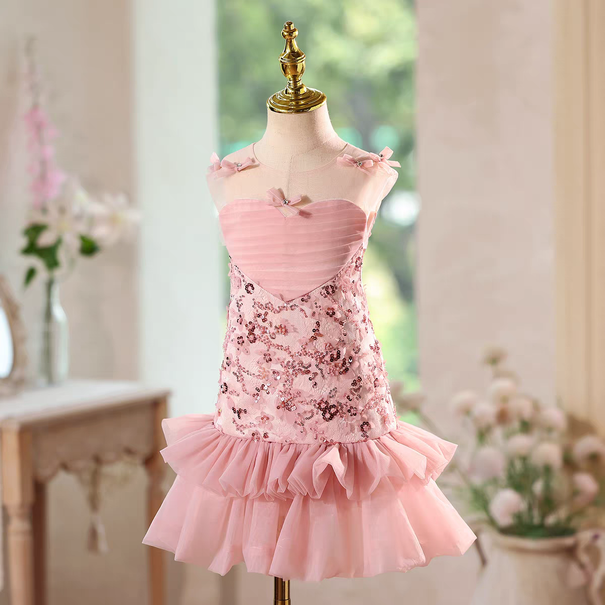 Luxury Pink Flower Girl Dress with Ruffles Birthday Wedding D143