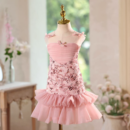 Luxury Pink Flower Girl Dress with Ruffles Birthday Wedding D143