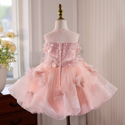 Charming Pink Flower Girl Dress Applique Feather Keen Length J564