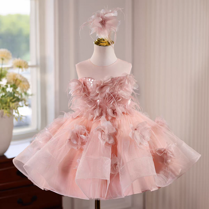 Charming Pink Flower Girl Dress Applique Feather Keen Length J564
