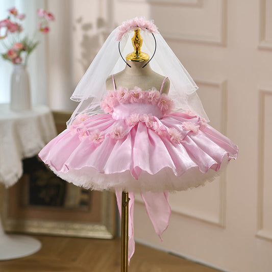 Sling Flower-Adorned Pearls Satin Pink Girl Dress D083