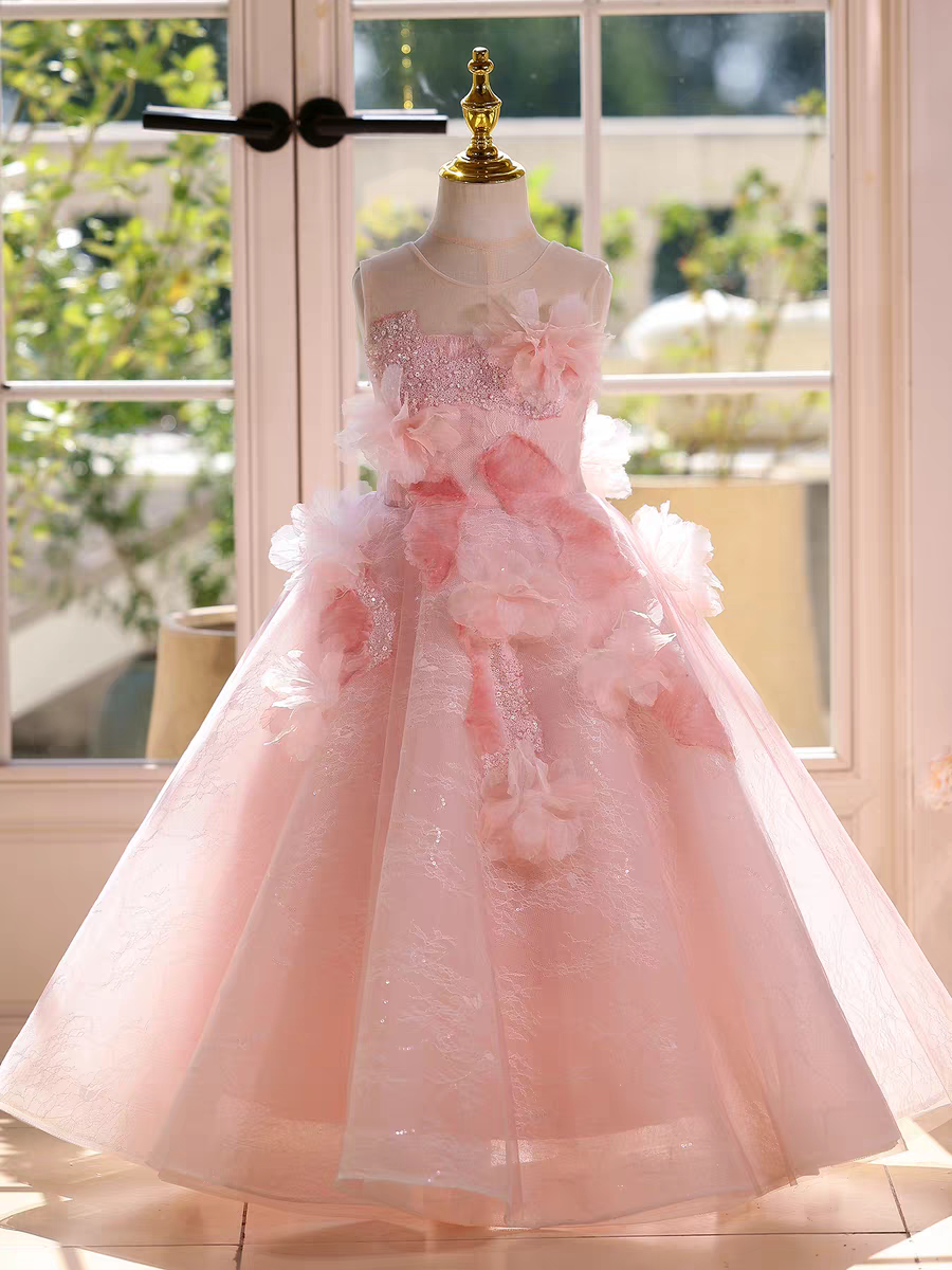 Fairy Sage Green Flower Girl Dress with 3D Floral Appliqués D009