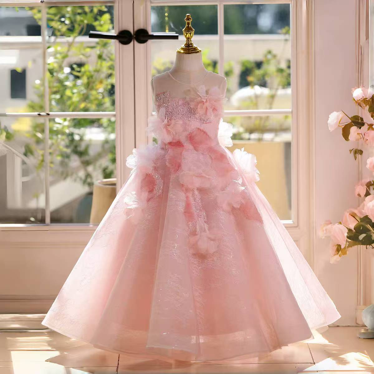 Fairy Sage Green Flower Girl Dress with 3D Floral Appliqués D009
