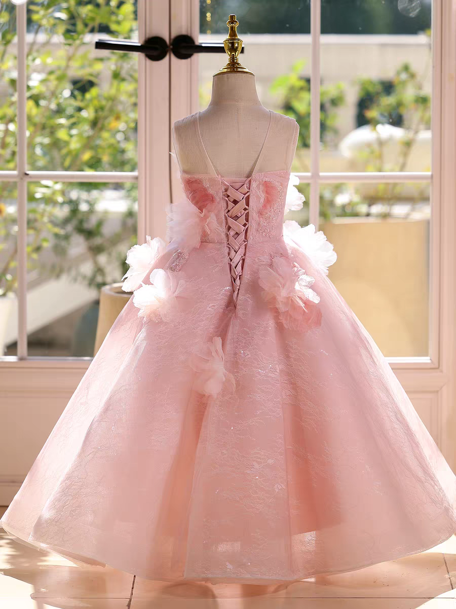 Fairy Sage Green Flower Girl Dress with 3D Floral Appliqués D009