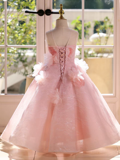 Fairy Sage Green Flower Girl Dress with 3D Floral Appliqués D009