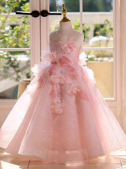 Fairy Sage Green Flower Girl Dress with 3D Floral Appliqués D009