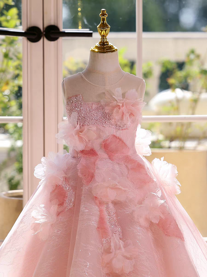 Fairy Sage Green Flower Girl Dress with 3D Floral Appliqués D009