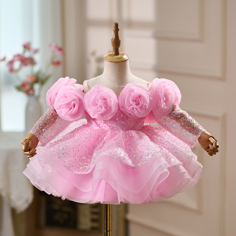 Flower Girl Dress with 3D Floral Accents Sparkling Sequins D099
