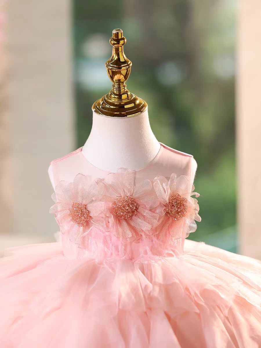 Gray Birthday Gown with Puffy Tulle Ruffles Flower Girl Dress J575