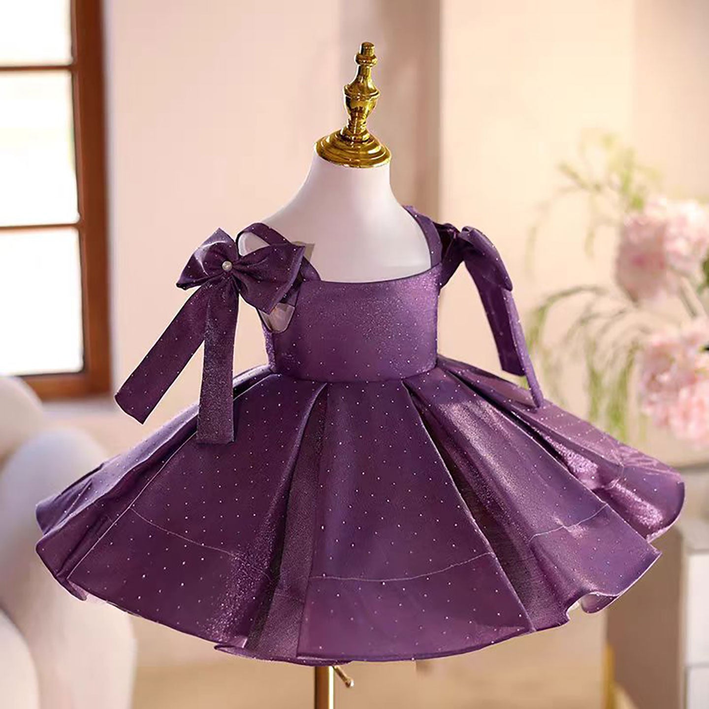 Purple Knee Length Birthday Party Princess Girl Dress D095