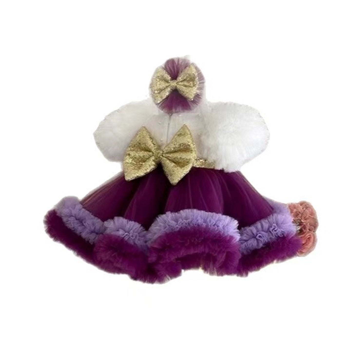 Elegant Purple and White Flower Girl Dress with Sequined Bow D172