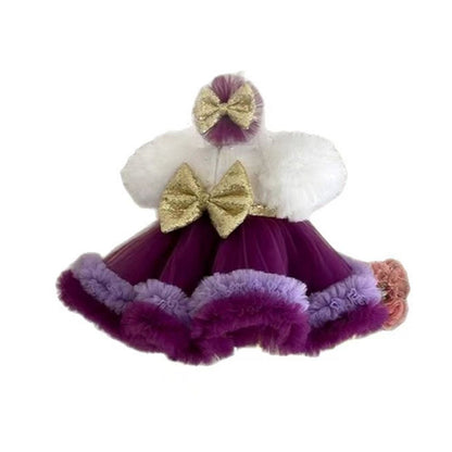 Elegant Purple and White Flower Girl Dress with Sequined Bow D172