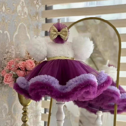 Elegant Purple and White Flower Girl Dress with Sequined Bow D172