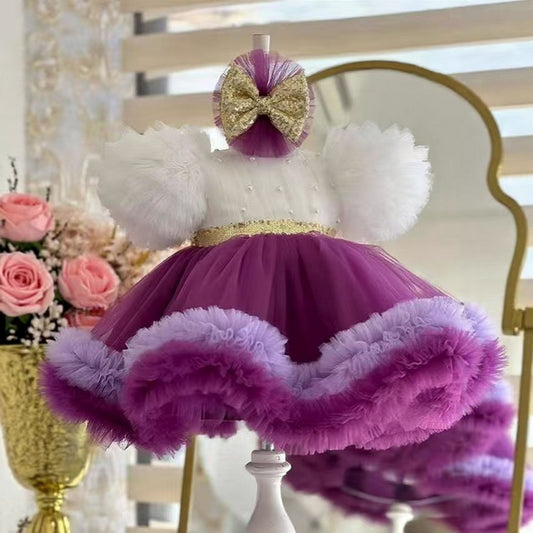 Elegant Purple and White Flower Girl Dress with Sequined Bow D172