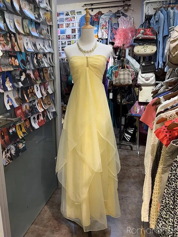 Yellow Elegant Sweet Sleeveless A-Line Tulle Long Chiffon Ball Gown Party Dress Bridesmaid Dress Wedding Guest Party Dress gh4116