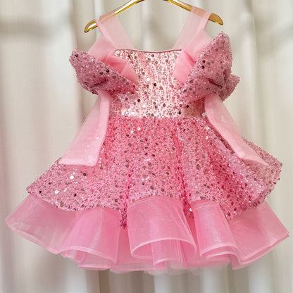 Sparkly White Girl Dress Big Bow Champagne Pink Princess Kids J343