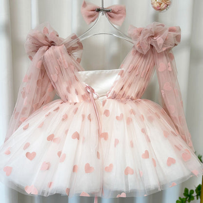 V-Neck Long Sleeve Tulle Flower Girl Dress with Bow D059