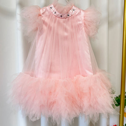 Elegant Pink Rhinestone Collar Flower Girl Dress D091
