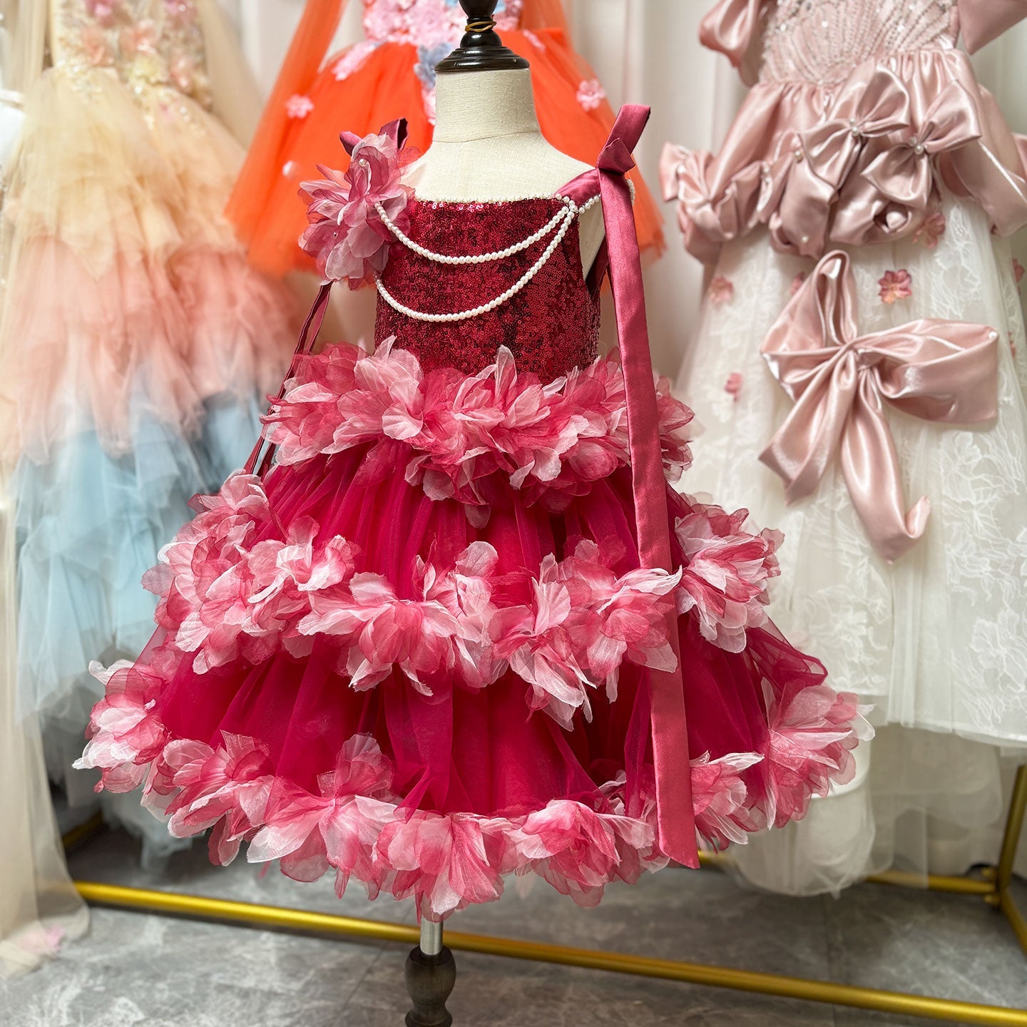 Luxury Knee Length Flower Girl Dress For Birthday Party Gown J428