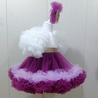 Elegant Purple and White Flower Girl Dress with Sequined Bow D172