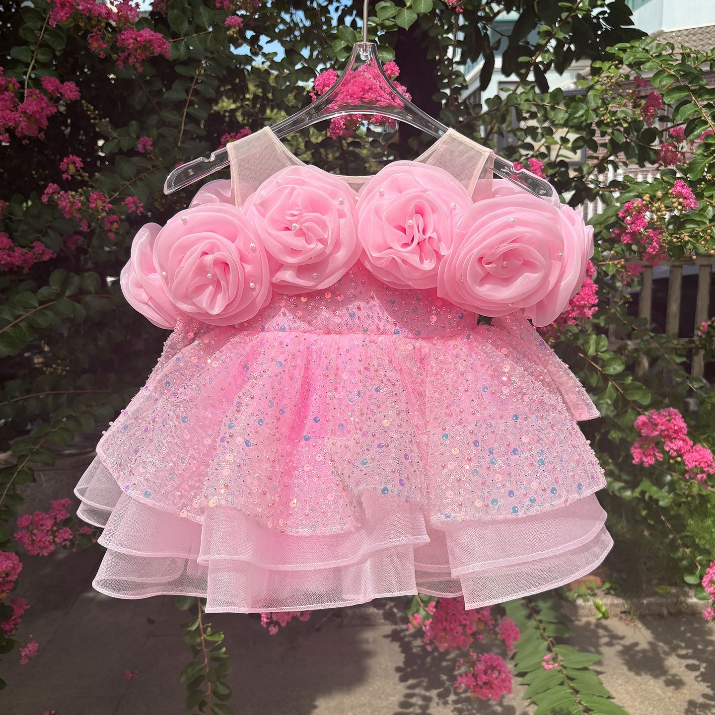 Flower Girl Dress with 3D Floral Accents Sparkling Sequins D099