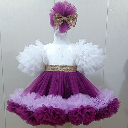 Elegant Purple and White Flower Girl Dress with Sequined Bow D172