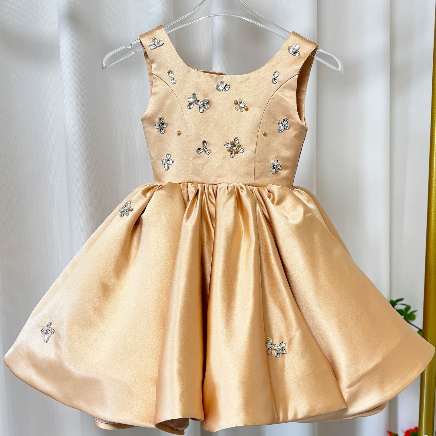 Elegant Pink Satin Girl Dresses Square Collar for Kids Party Gown J145
