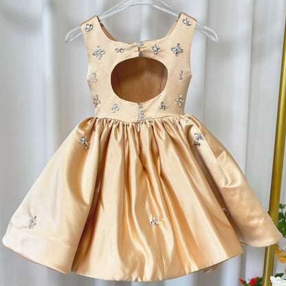 Elegant Pink Satin Girl Dresses Square Collar for Kids Party Gown J145