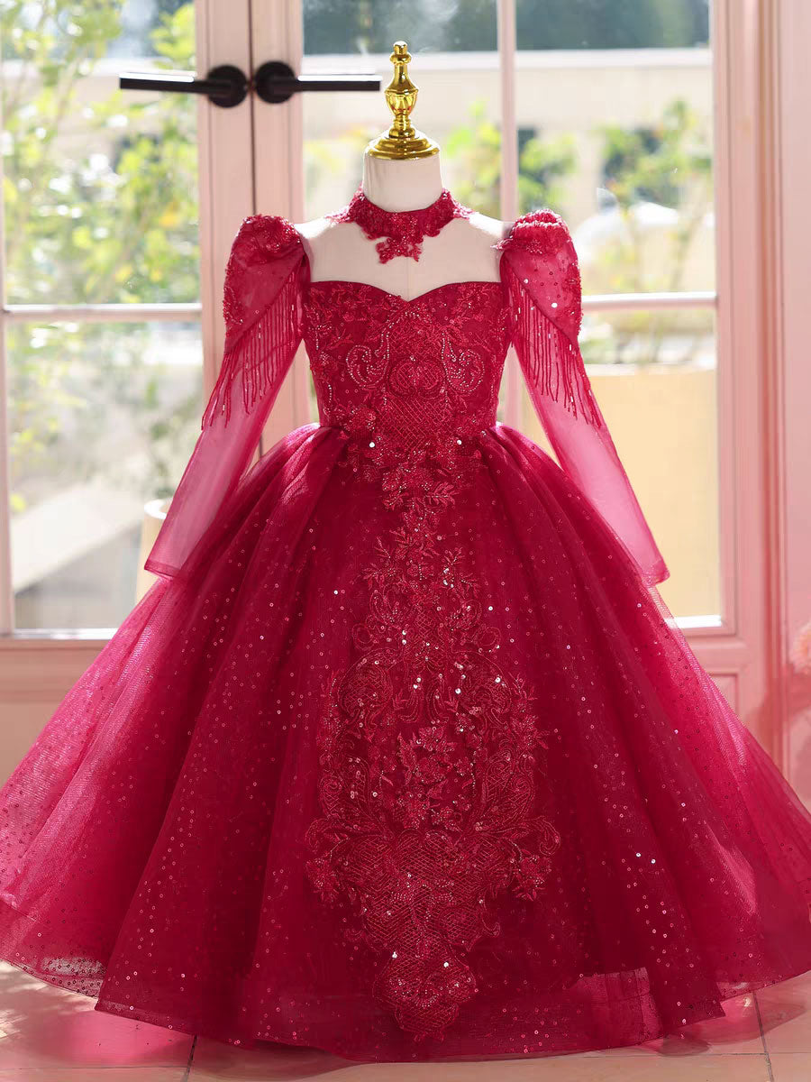 Luxury Red Flower Girl Dress Birthday Wedding Party Formal Gown D182