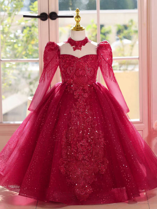 Luxury Red Flower Girl Dress Birthday Wedding Party Formal Gown D182