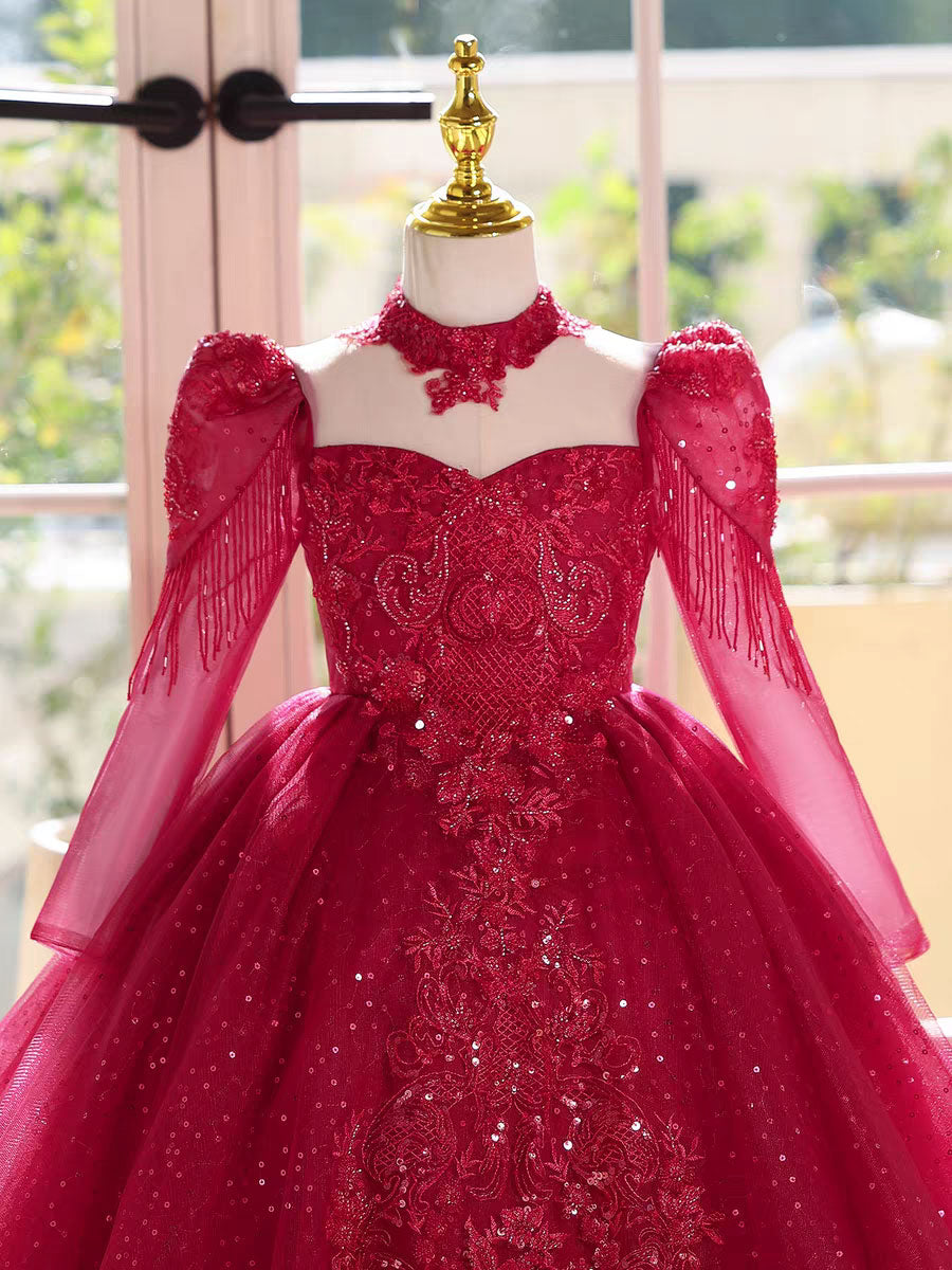 Luxury Red Flower Girl Dress Birthday Wedding Party Formal Gown D182