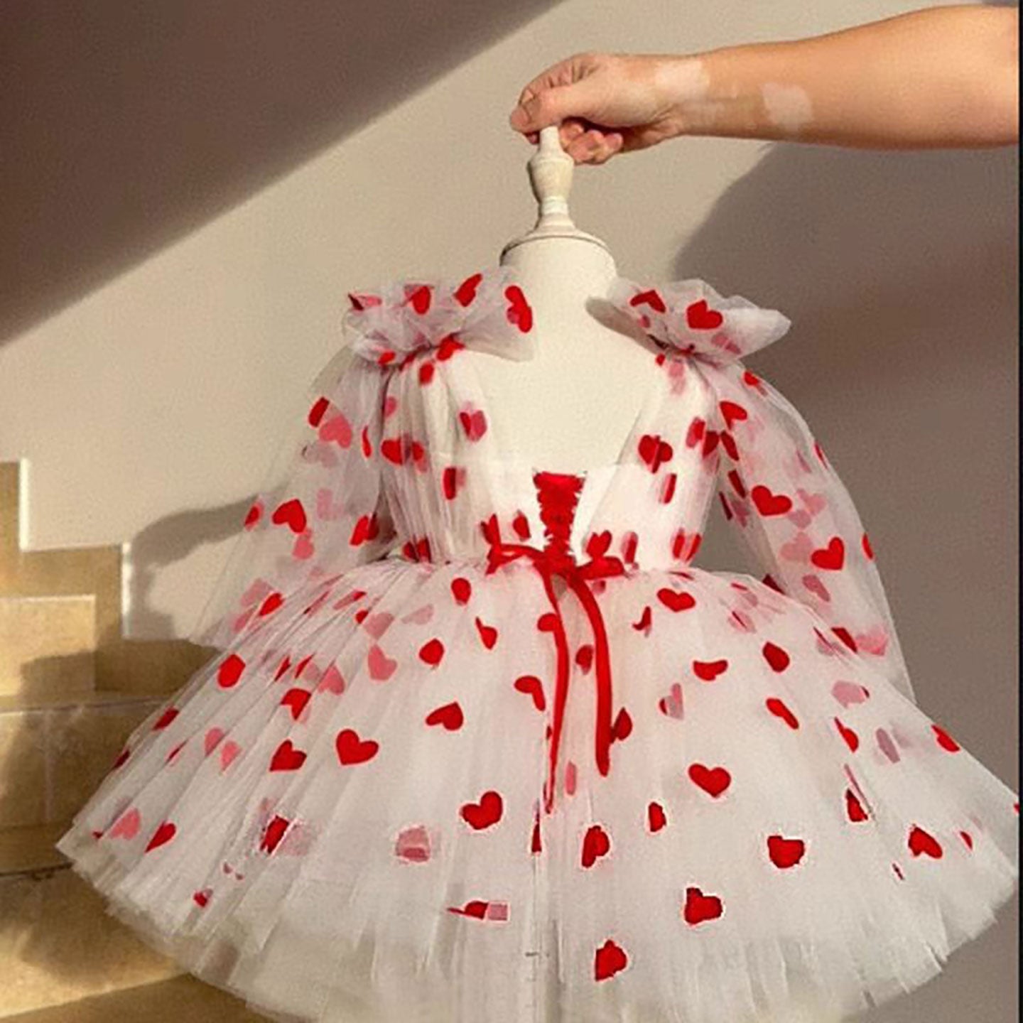 V-Neck Long Sleeve Tulle Flower Girl Dress with Bow D059