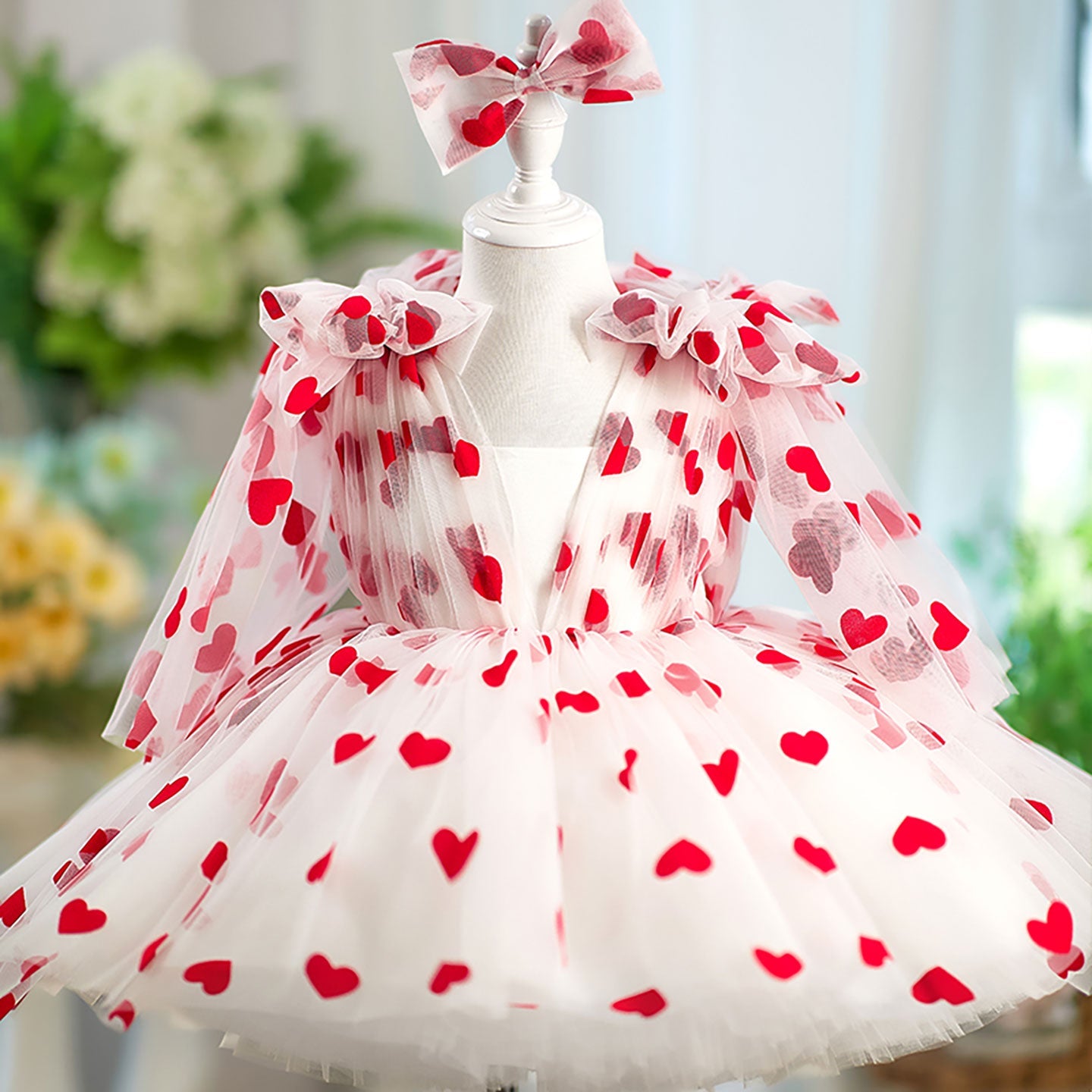 V-Neck Long Sleeve Tulle Flower Girl Dress with Bow D059