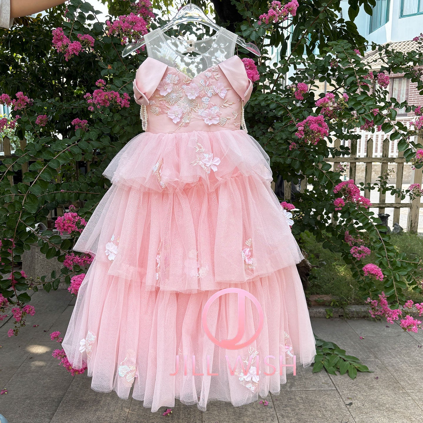 Off-Shoulder Applique Tiered Tulle Flower Girl Dress D322