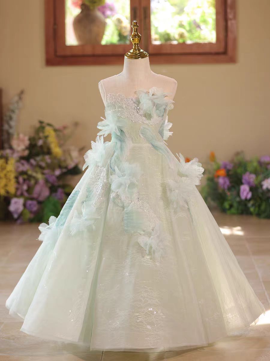 Fairy Sage Green Flower Girl Dress with 3D Floral Appliqués D009