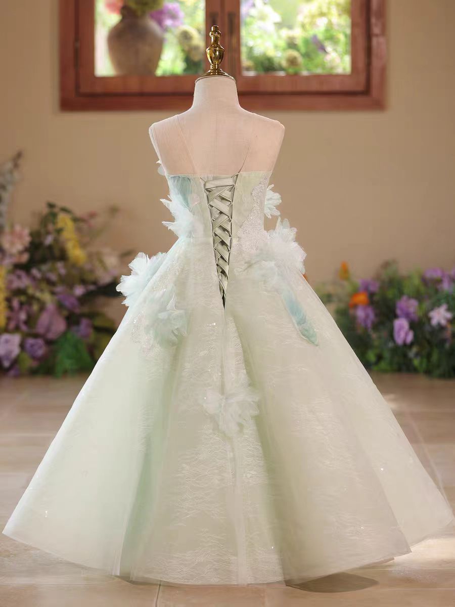 Fairy Sage Green Flower Girl Dress with 3D Floral Appliqués D009
