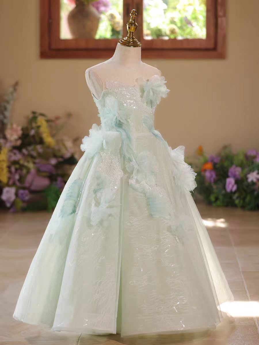 Fairy Sage Green Flower Girl Dress with 3D Floral Appliqués D009