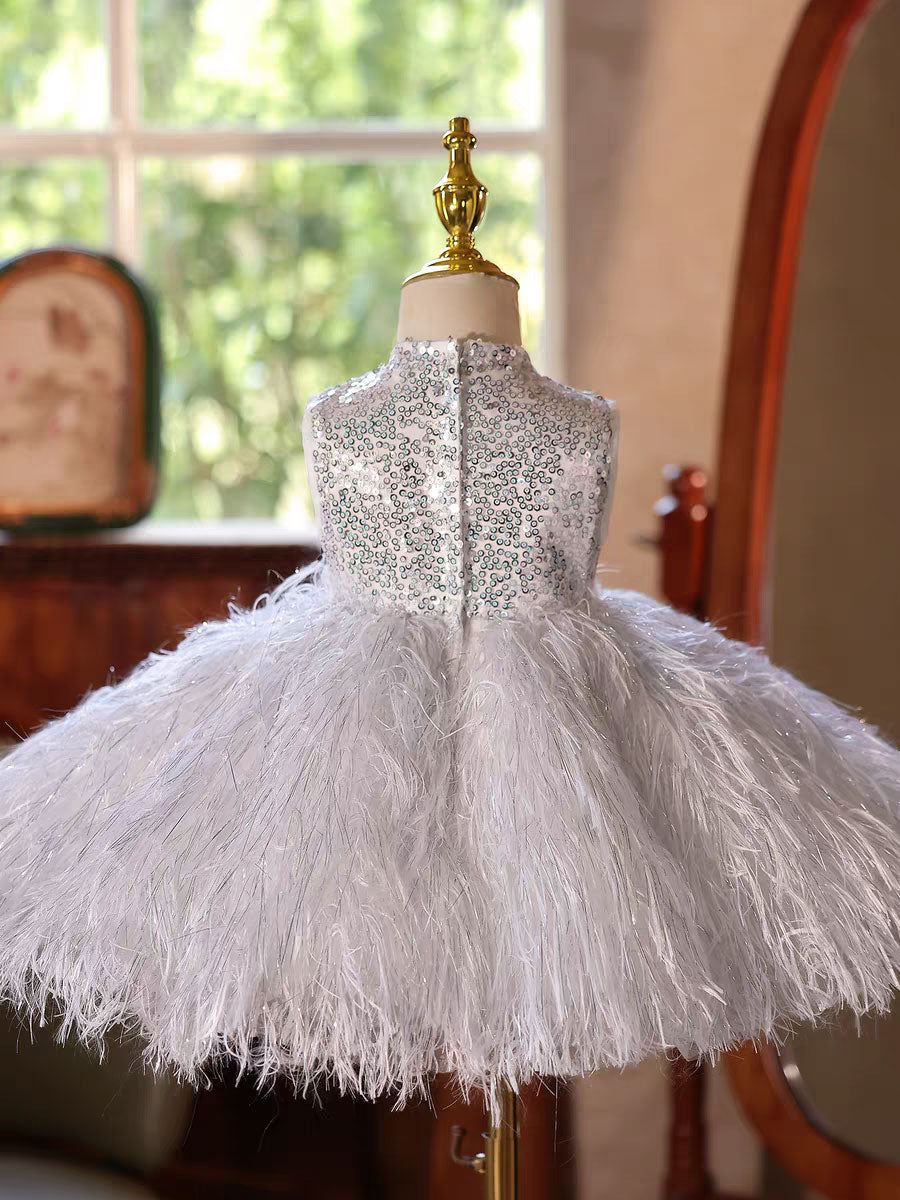 Silver Feather Flower Girl Dress Princess Birthday Party Gown D186