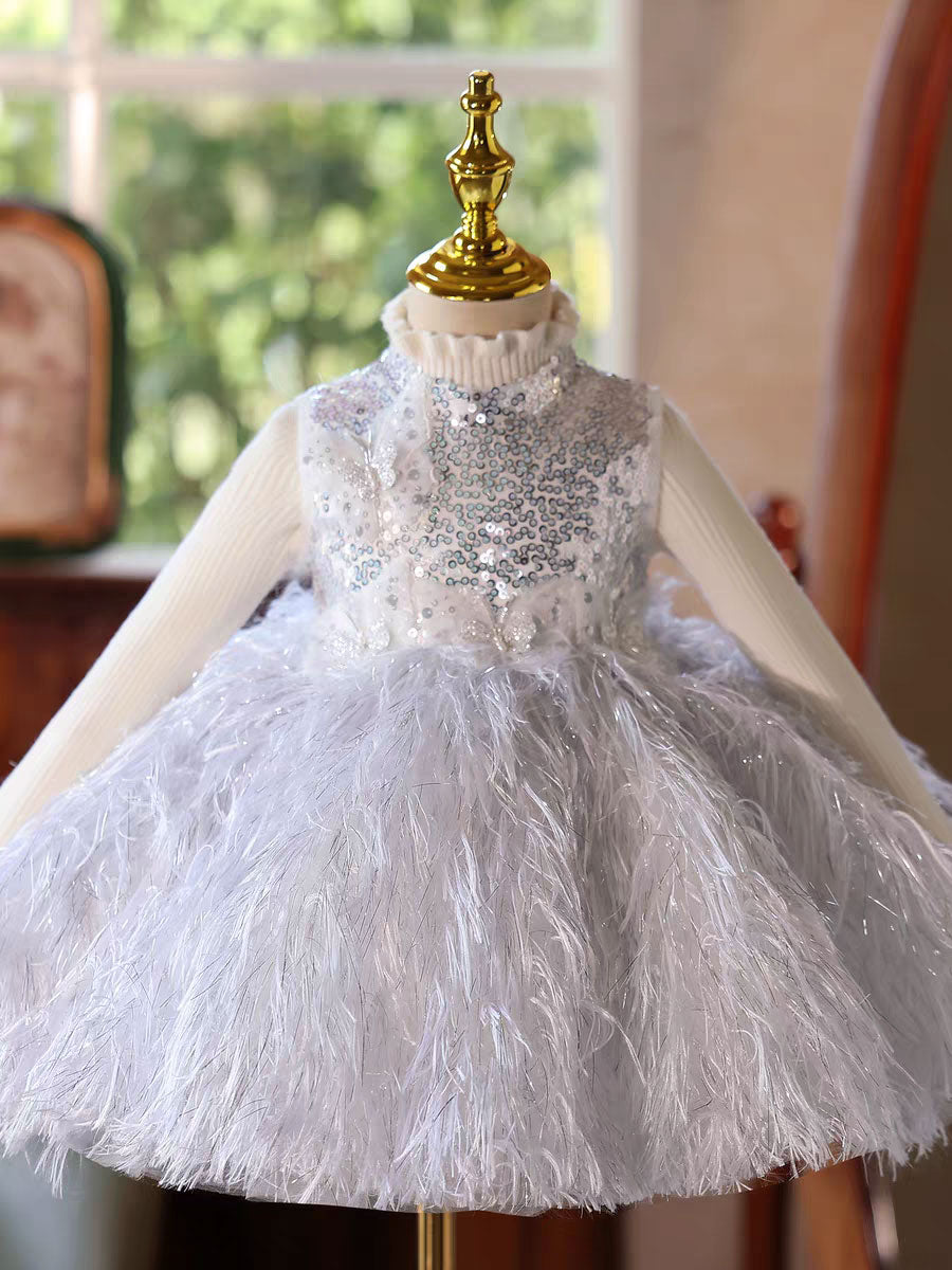 Silver Feather Flower Girl Dress Princess Birthday Party Gown D186