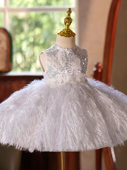 Silver Feather Flower Girl Dress Princess Birthday Party Gown D186