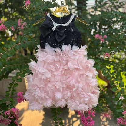 Pink Petal Sequin Flower Girl Dress for Wedding Party Photoshoot D108