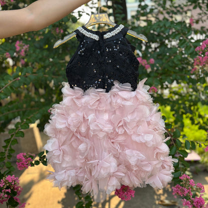 Pink Petal Sequin Flower Girl Dress for Wedding Party Photoshoot D108