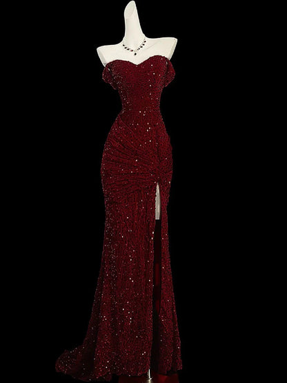 Burgundy Mermaid Evening Gowns Formal Weddings with Slit