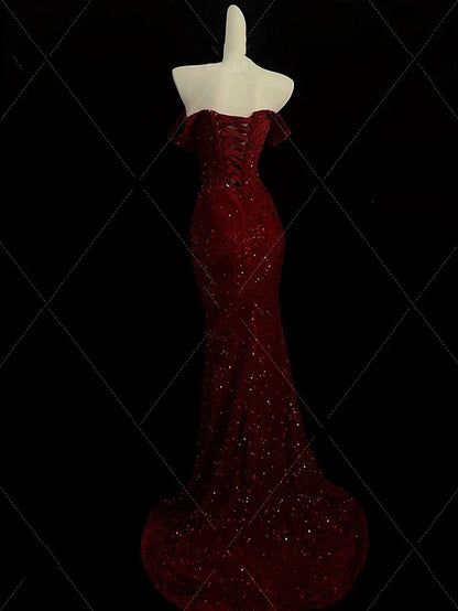 Burgundy Mermaid Evening Gowns Formal Weddings with Slit