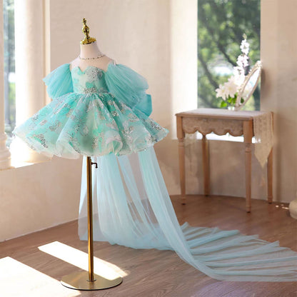 Whimsical Turquoise Flower Girl Dress Puffy Sleeves Knee Length D110