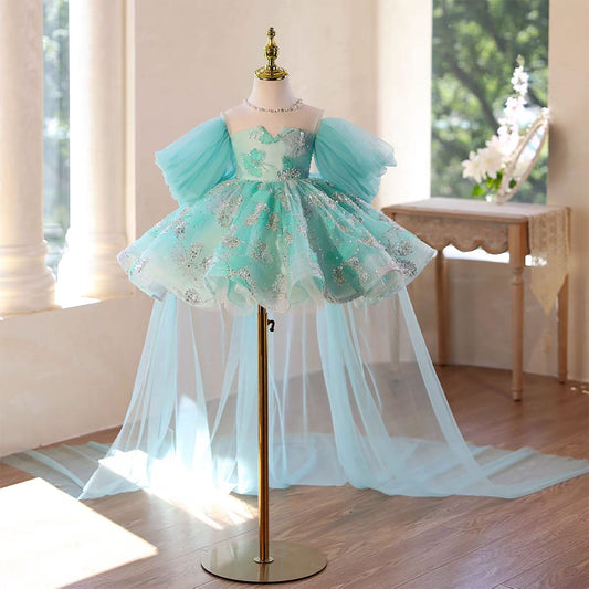 Whimsical Turquoise Flower Girl Dress Puffy Sleeves Knee Length D110