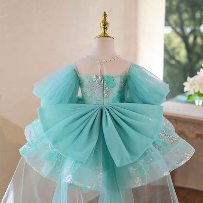 Whimsical Turquoise Flower Girl Dress Puffy Sleeves Knee Length D110