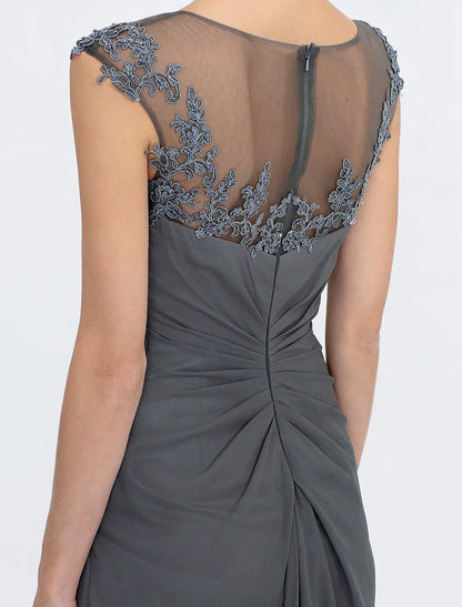 A-Line Mother of the Bride Dress Wedding Guest Elegant See Through Bateau Neck Floor Length Chiffon Lace Sleeveless with Side Draping Fall