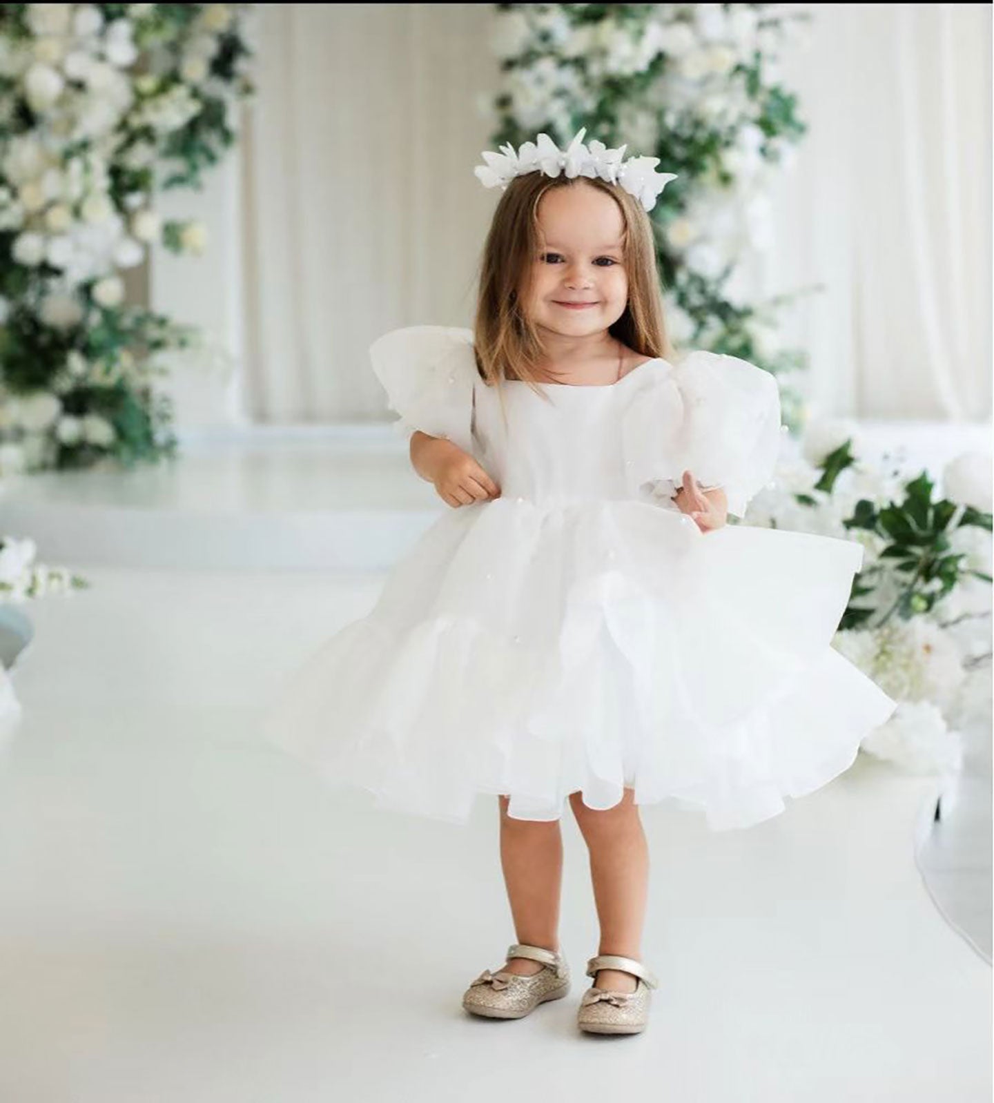 Short Sleeves Bowed Tulle Flower Baby Girl Dress D079