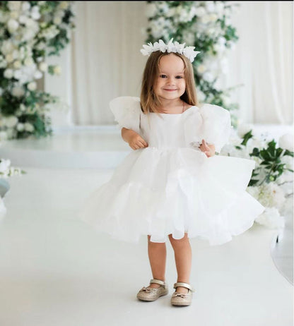Short Sleeves Bowed Tulle Flower Baby Girl Dress D079